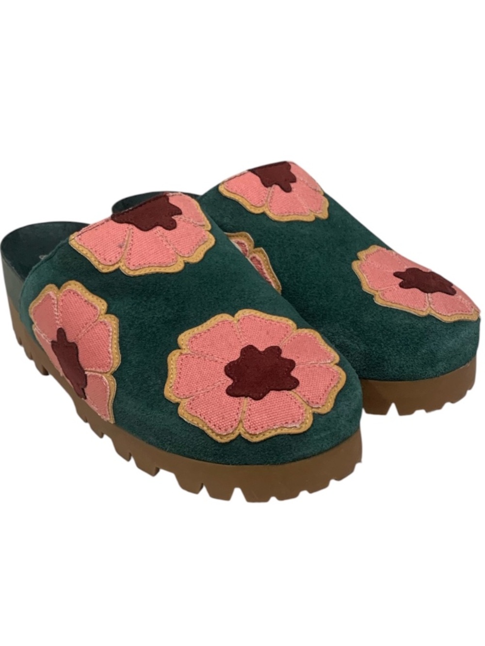 Chelsea & Violet Arden Suede Platform Clogs Green Pink Floral Slip-On Shoes 6.5